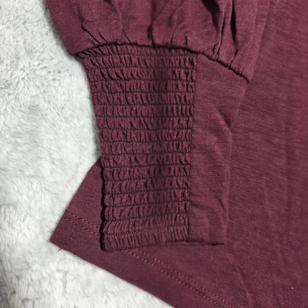 Madewell Women XXS Burgundy Puff‎ Sleeve Smocked Cuff Soft Slub Cotton Top
